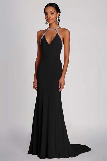 Sheath Black Beaded Halter Long Chiffon Formal Dress